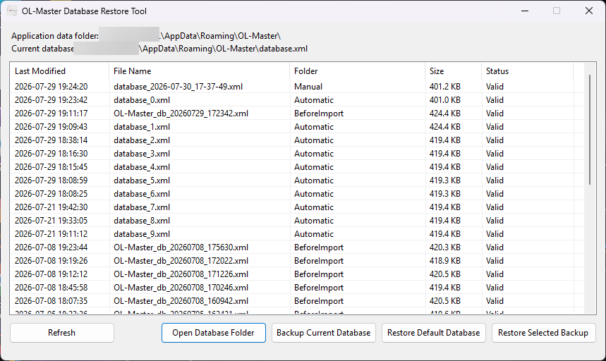 OL-Master Database Restore Tool