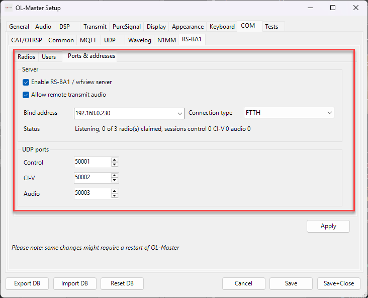 Network settings for RS-BA1 server