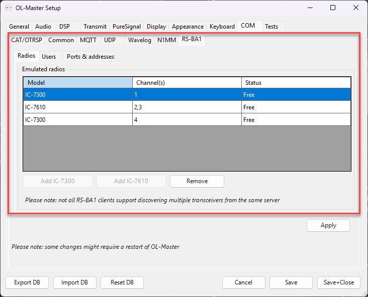 Emulated radios for RS-BA1 server