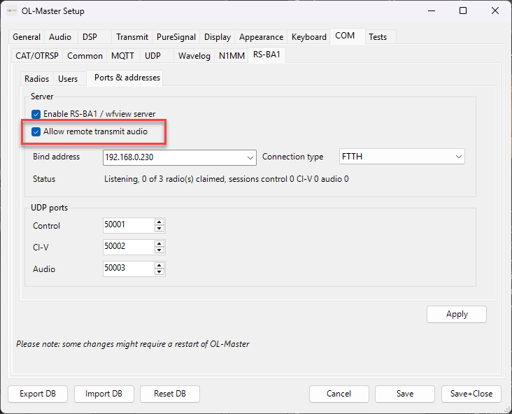 Remote transmit audio setting for RS-BA1 server