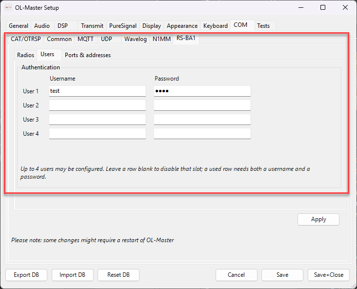 User credentials for RS-BA1 server